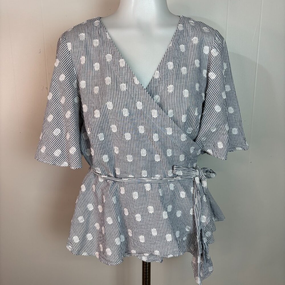 LOFT Wrap Top Medium Blue White Striped‎ Polka Dot Short Sleeve Cotton Blouse